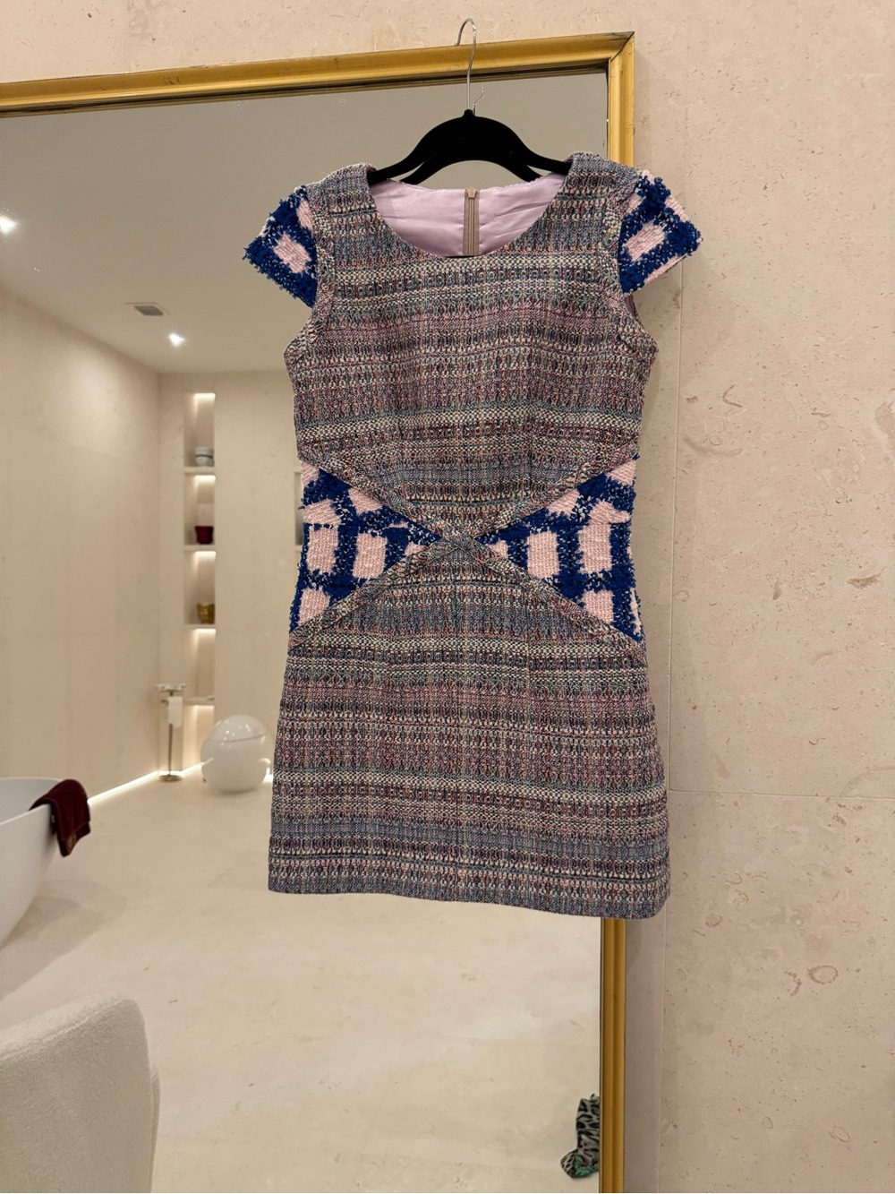 Textured Tweed Mini Dress with Pink and Blue Accents